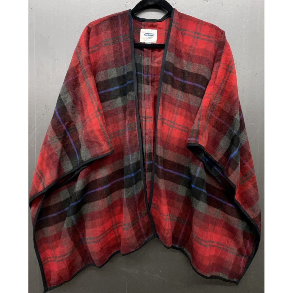 Old Navy Cape M/L Red Plaid Open Front Oversized Cozy Wrap Shawl Outdoor Lounge